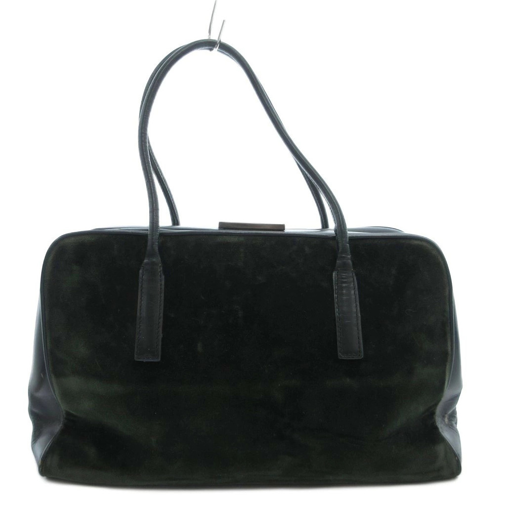 Prada Tote Bag Handbag Velvet Velour Leather Trim Clasp Green GV